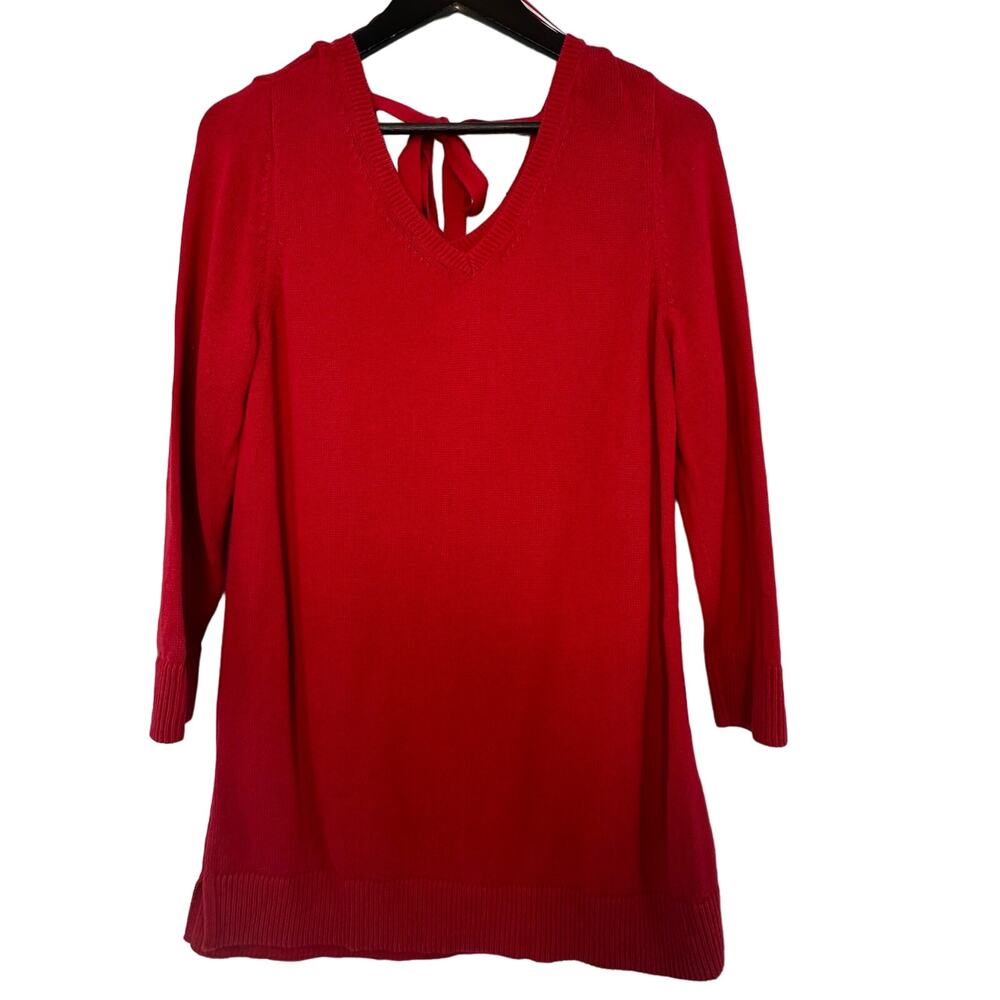 Talbots Pima Cotton Sweater Womens M Red Double V Tie Back Bow Tunic